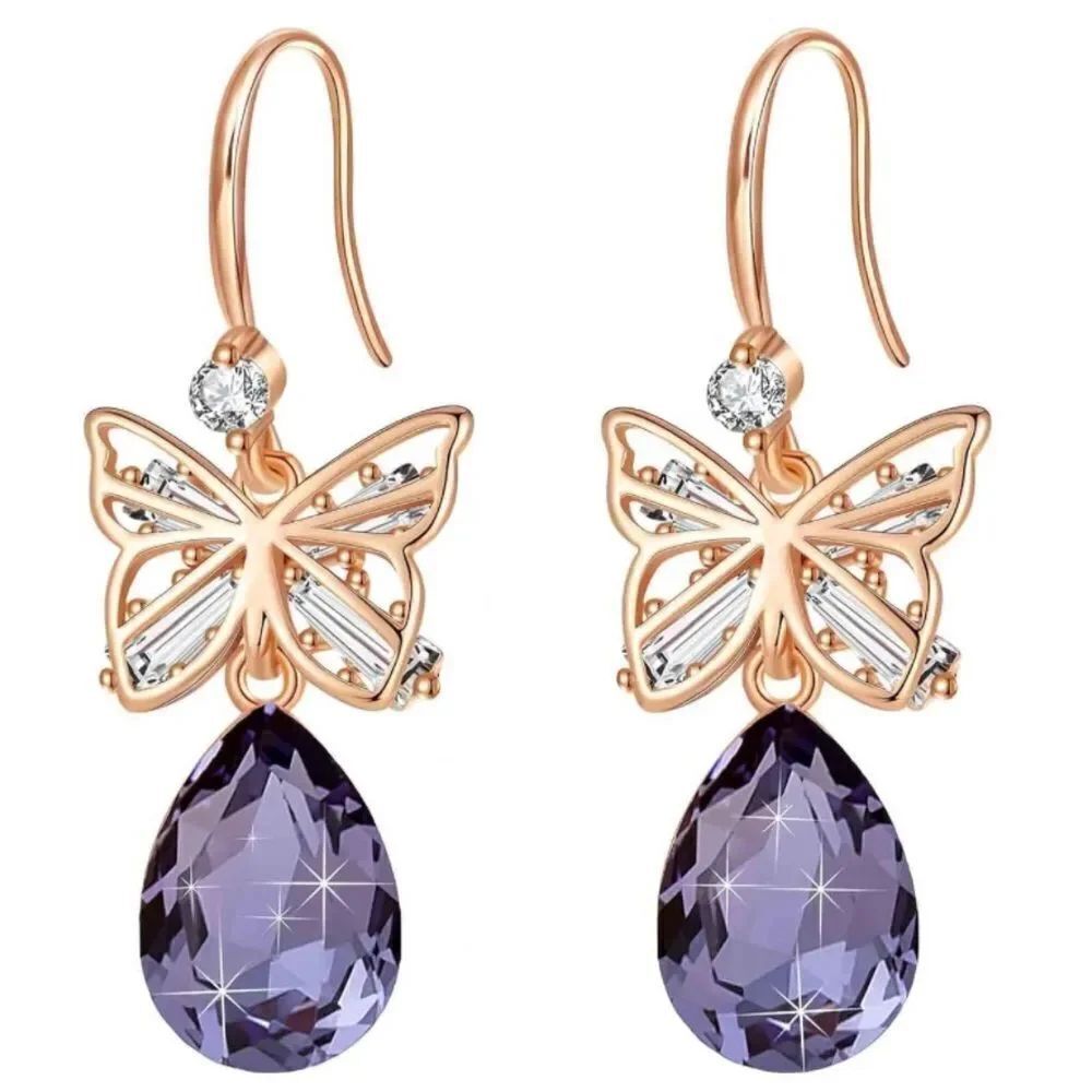 14K Rose Gold with Purple Tanzanite Austrian Crystal Butterfly Teardrop Earrings